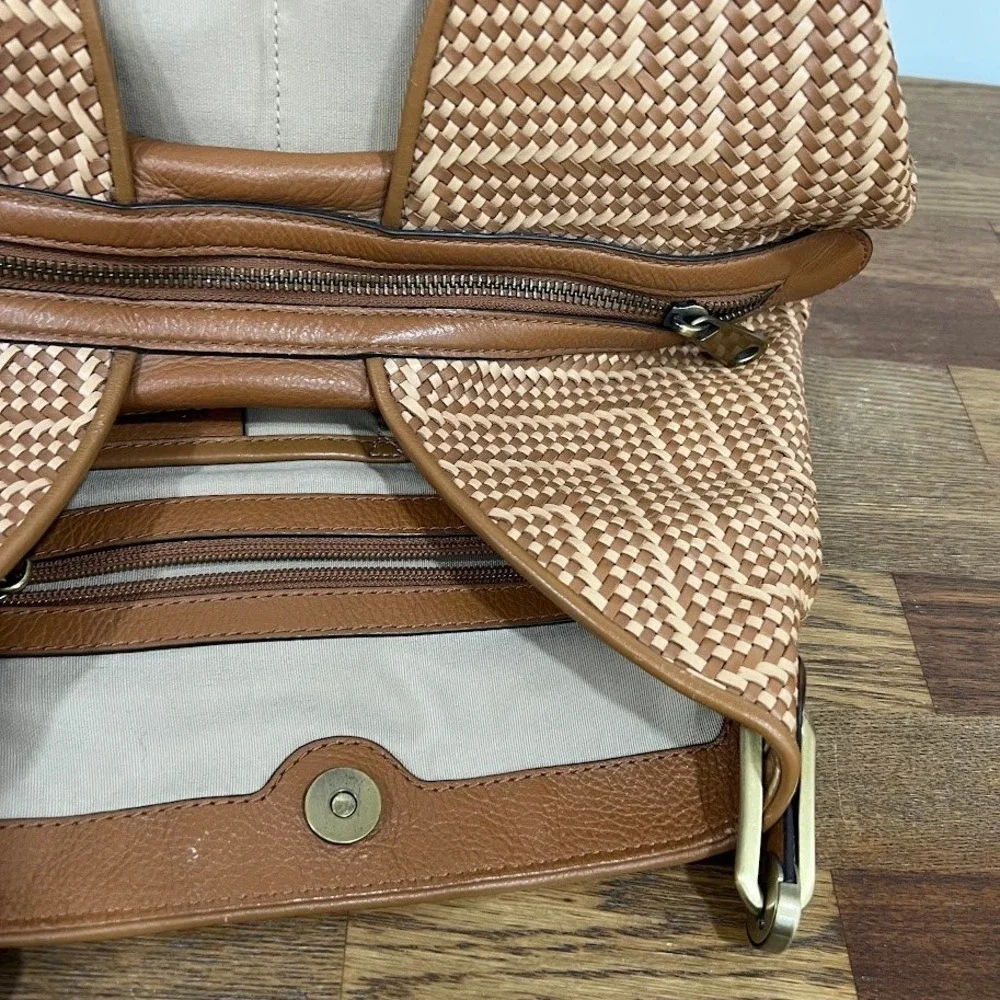 Michael Kors Brooklyn Woven Chevron Leather Shoulder Bag Tan Brown Tassel Hobo